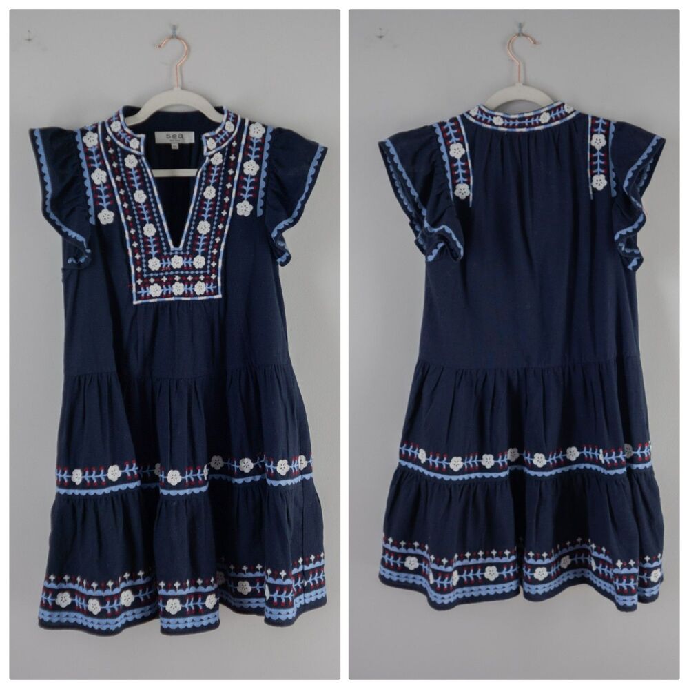 Navy Blue SEA Embroidered Ruffle Summer Shaina Flutter Fourth of July Mini Dress - Picture 7 of 10